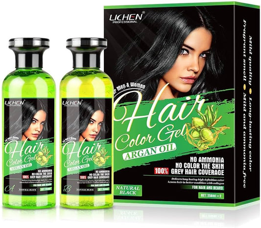 Lichen Professional Hair Color Gel - Natural Black ,Grey Hair Coverage,  No Ammonia, No Stains, Argan Oil , 220ml x 2 Hair Dye Hair Dye